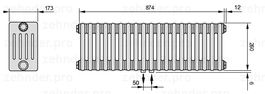 Схема (чертеж) Радиатор Zehnder Charleston 5026/19 №5410 Белый глянцевый RAL 9016
